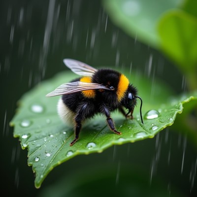 Bumblebee on Leaf in Rain