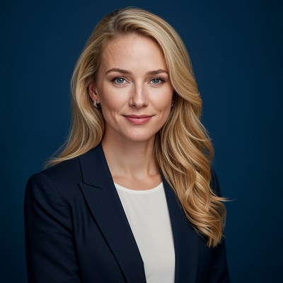 Blonde woman in navy suit