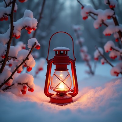 Red Lantern in Snowy Branches