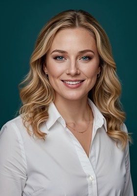 Blonde woman smiling in white shirt