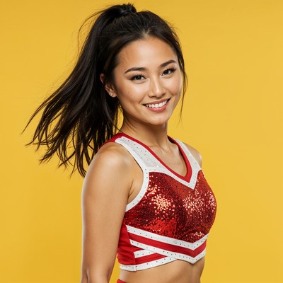 Asian woman in red cheerleader uniform