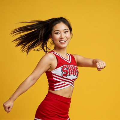 Asian cheerleader punching yellow background