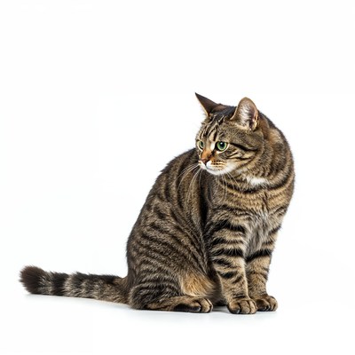 Tabby cat sitting on white background