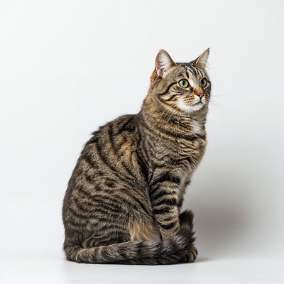 Tabby cat sitting on white background