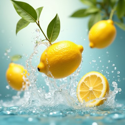 Fresh Lemons Splashing in Water
