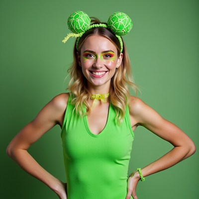 Woman wearing green frog ears headband