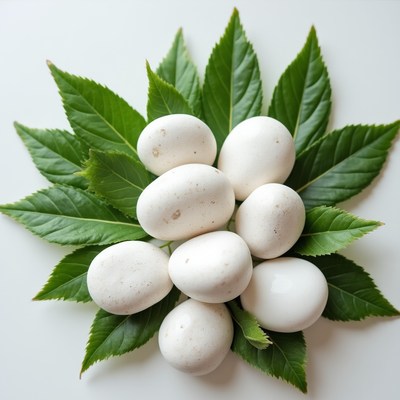 White eggs on green leaves