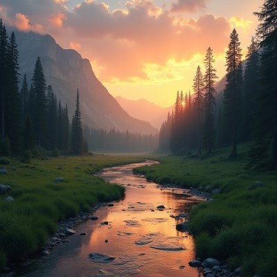 Mountain Valley Sunset with River