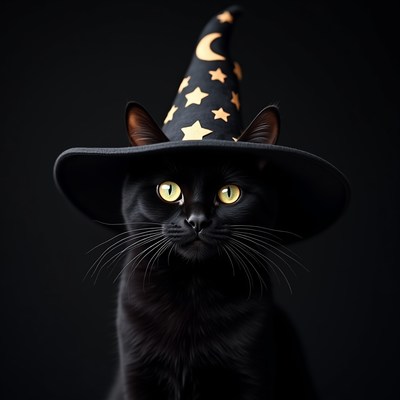 Black cat wearing witch hat