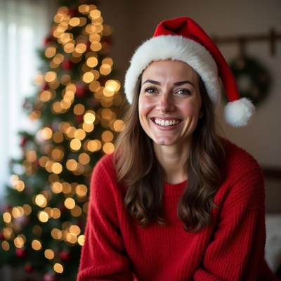 Smiling woman in Santa hat by Christmas tree