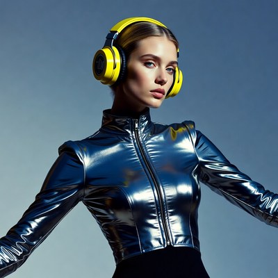 Blonde woman wearing yellow headphones