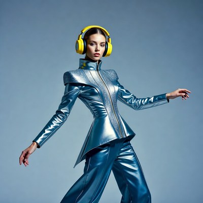 Woman wearing yellow headphones in blue outfit