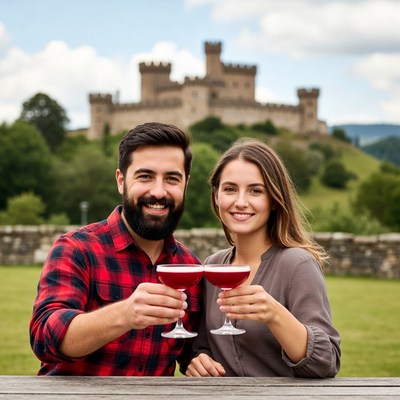 Couple toasting wine glasses before castle