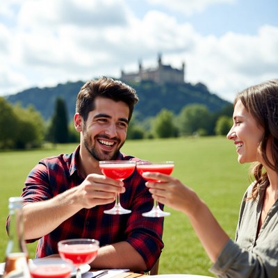Couple toasting red cocktails with castle background