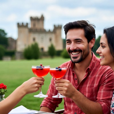 Couple toasting cocktails with castle background