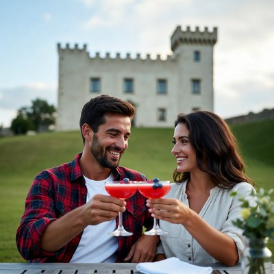 Couple toasting red cocktails near castle