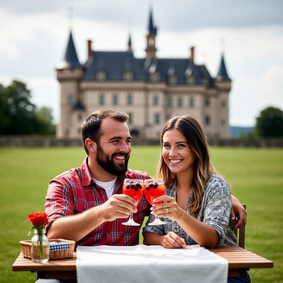 Couple toasting blueberry wine glasses at castle