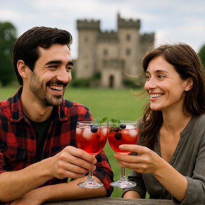 Couple toasting red cocktails at castle