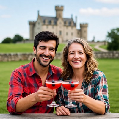 Couple toasting cocktails before castle