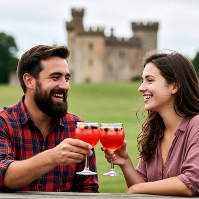Couple toasting berry cocktails before castle