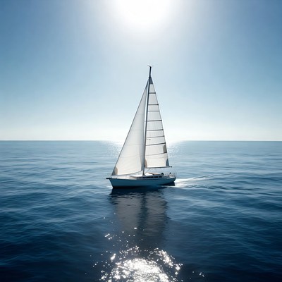 White sailboat on ocean with sun