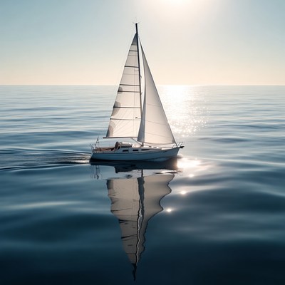 White sailboat reflecting on calm sea