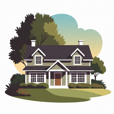 Illustrated Suburban House with Trees