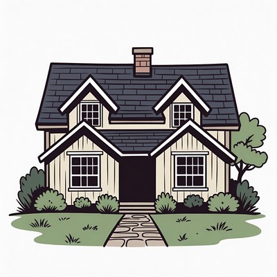 Cartoon House with Pathway and Bushes