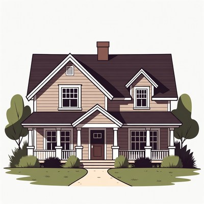 Illustrated Suburban House with Porch