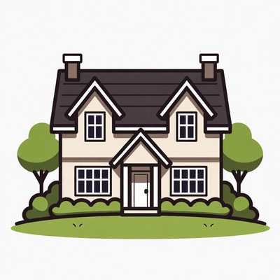 Cartoon House with Trees and Lawn