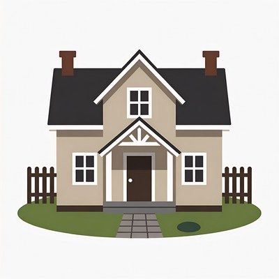 Cartoon House with White Picket Fence