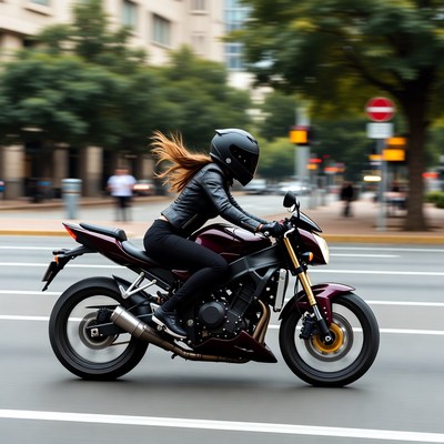 Woman riding motorcycle in city