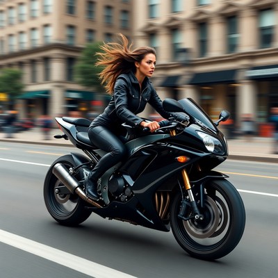 Woman riding black sport motorcycle