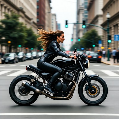 Woman riding motorcycle in city street