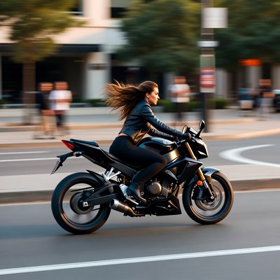 Woman riding motorcycle on city street