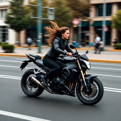 Woman riding motorcycle on city street