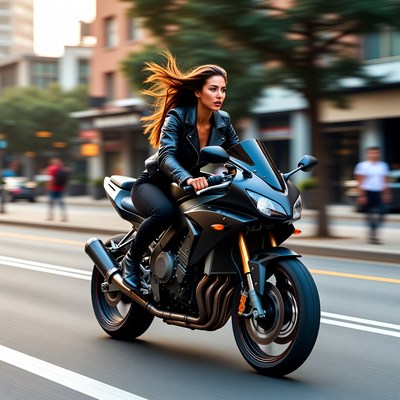 Woman riding motorcycle on city street