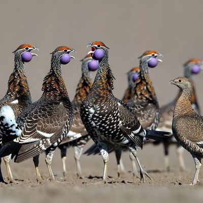 Group of Western Capercailzie displaying with purple wattles