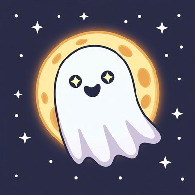 Cute ghost floating by moon