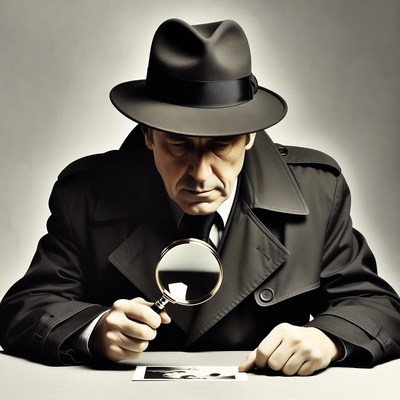 Detective examining photo with magnifying glass
