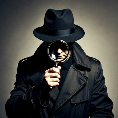 Man in trench coat holding magnifying glass