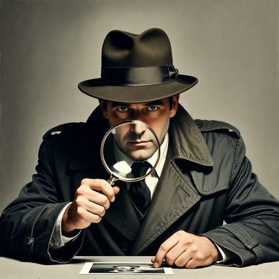 Man in trench coat holding magnifying glass