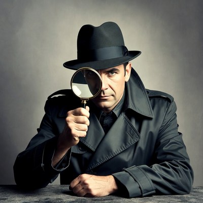 Man in trench coat holding magnifying glass