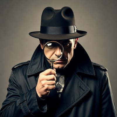 Detective man examining with magnifying glass