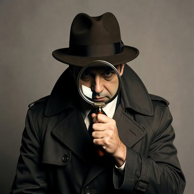 Detective peering through magnifying glass