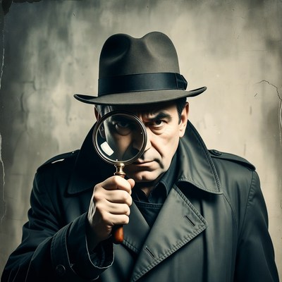 Detective man examining with magnifying glass