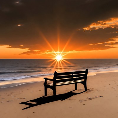 Wooden bench on beach at sunset