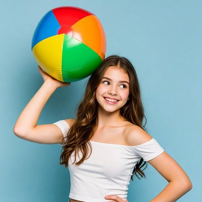 Girl holding colorful beach ball