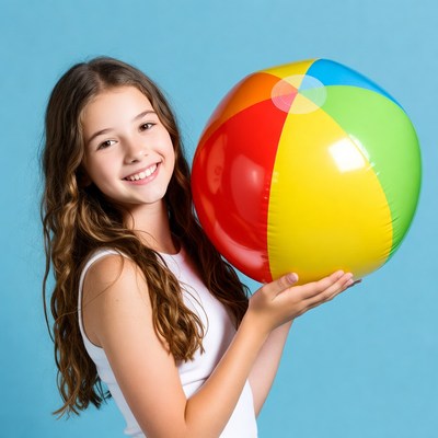 Girl holding colorful beach ball