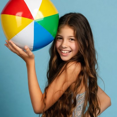 Girl holding colorful beach ball
